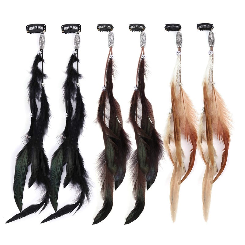 MWOOT Feather Clip in Hair Extension 6Pcs Handmade Feather Hair Clips Hippie Hair Headwear Halloween Cosplay Hairpin Tassel Headdress Accessories